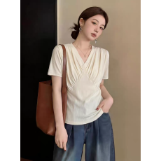批发薄款<b class='q'>针织</b>V领正肩短袖T恤女2026夏季新款大码胖mm通勤小衫气质上衣