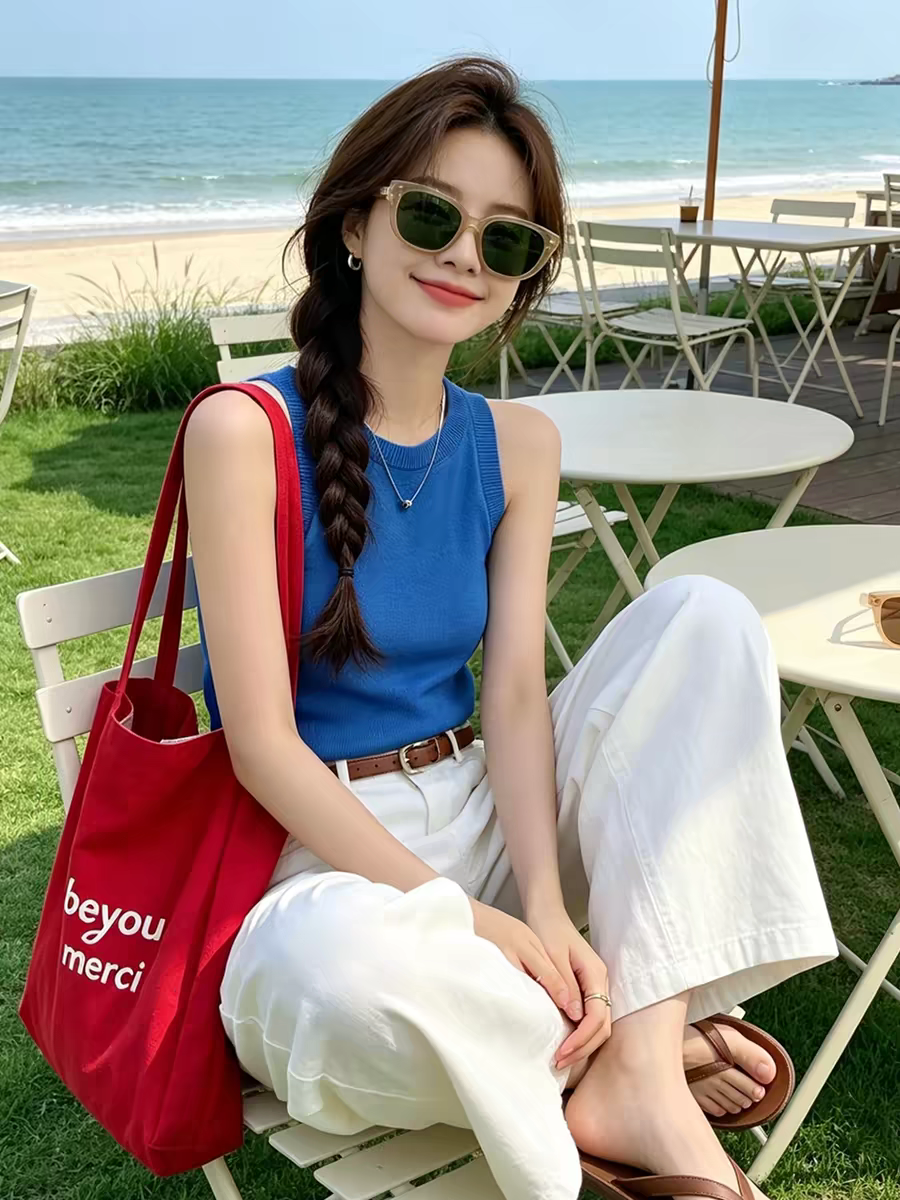 도파민 톰 글 래 파란색 라운드 넥 몸매 가꾸기 민소매 조끼 여성 2026 여름 휴가 바람 해변가 그레이트 봐. 의류
