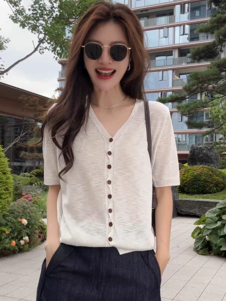 x.zhenv 칼라 불규칙 단추 오픈 가디건 반팔 니트 아름다운 옷 여름 새로운 조수 브랜드 여성 의류