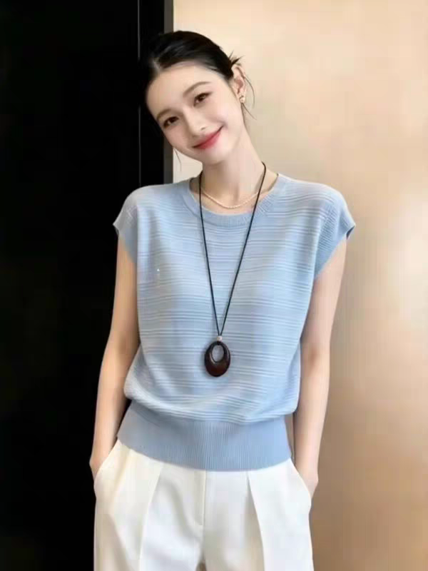 2026 인터넷 유명인 여름 새로운 외국 가스 작은 대중 바람 파란색 Feifei 소매 짠 셔츠 여성 밖으로 조각 아름다운 옷 작은 대중