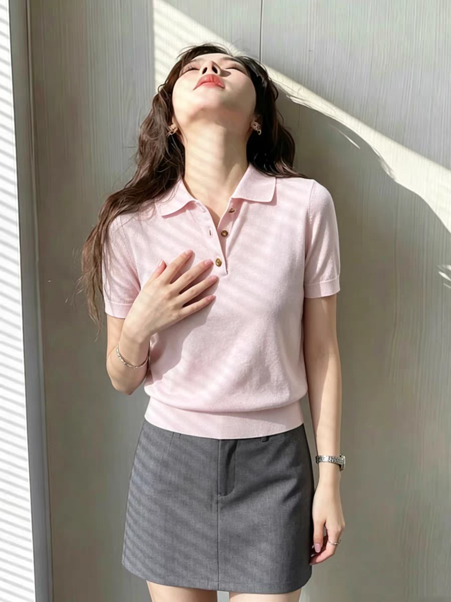 빛 요리 한 미니멀리즘 바람 폴로 칼라 반팔 니트 스웨터 여성 여름 슬림해 보이는 작은 대중 디자인 센스 패션 캐주얼 다용도 맨위