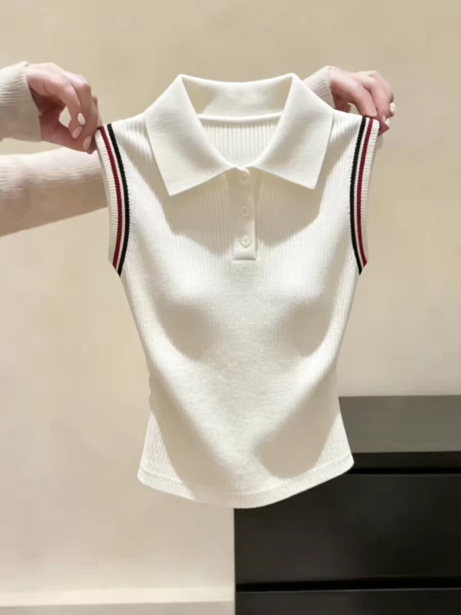 한 부서 분위기 센스 베이지 색 POLO 칼라 민소매 니트 조끼 여성 여름 새로운 캐주얼 다용도 슬림해 보이는 맨위