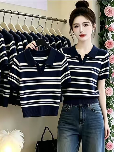 학원 스타일 스트라이프 POLO 칼라 니트 반팔 티셔츠 여성 여름 2026 새로운 작은 키 외국 가스 연령 감소 맨위
