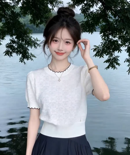 보존 섹션 추천 한 부서 배색 나비 넥타이 니트 반팔 여성 여름 새로운 다용도 연령 감소 맨위