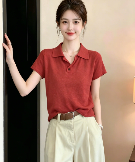 레트로 항구 바람 빨간색 POLO 칼라 긍정적 인 어깨 반팔 티셔츠 여성 2026 여름 새로운 얼음 실크 니트 스웨터 맨위 트렌디