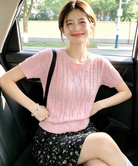 작은 청신 핑크색 꽈배기 니트 스웨터 여성 여름 폭발 홀로우 아웃 통기성 루즈핏 슬림해 보이는 풀오버 라운드 넥 반팔 맨위