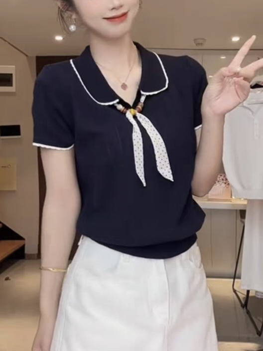 부드러운 바람 파란색 폴로 칼라 경기 스카프 반팔 니트 스웨터 여름 얇은 스타일 고유 한 아름다운 슬림해 보이는 POLO 셔츠 맨위