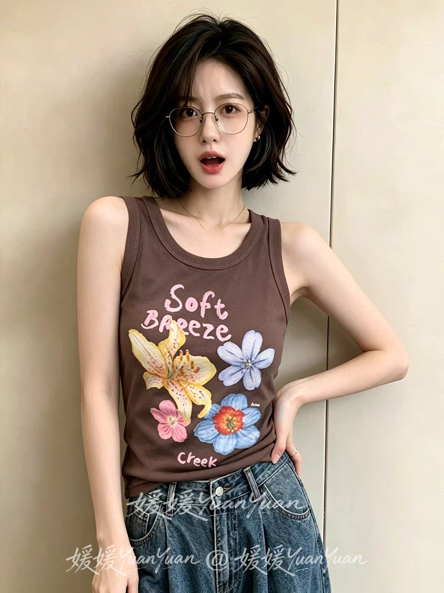 안녕하세요. 대포 색상 꽃 프린트 몸매 가꾸기 민소매 조끼 여성 여름 민소매 맨위 느긋한 슬립 맨위
