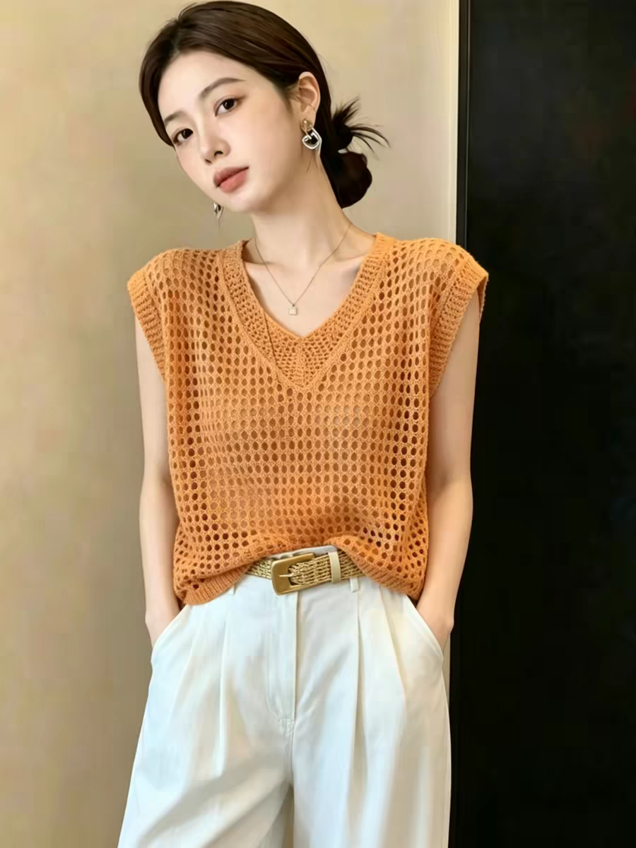 V넥 홀로우 아웃 작은 날다 소매 짠 셔츠 여성 2026 여름 새로운 통기성 다용도 풀오버 얇은 스타일 맨위
