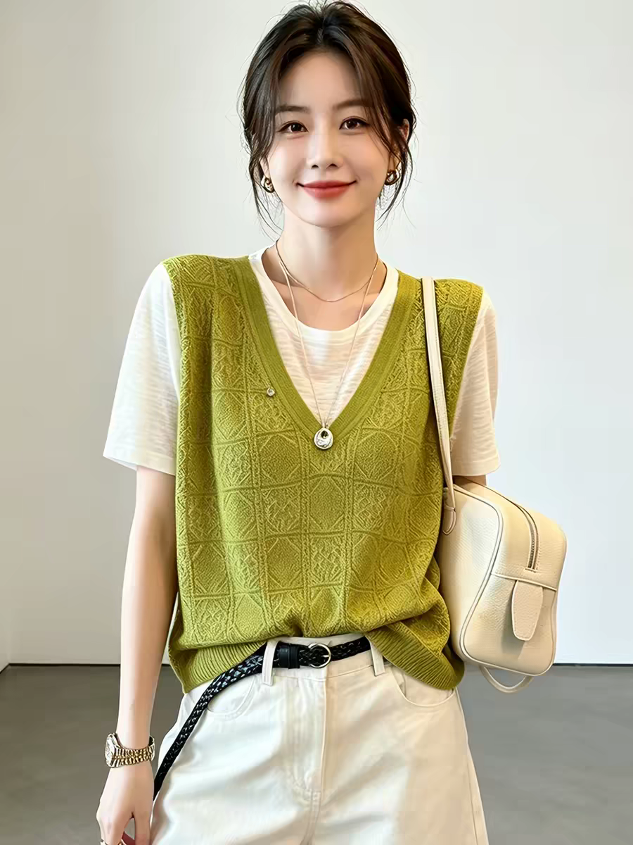 페이크 레이어드 홀로우 아웃 니트 스웨터 여성 2026 여름 섹션 한국 스타일 패션 반팔 패치워크 루즈핏 다용도 얇은 스타일 맨위