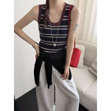 批发韩系U领撞色条纹针织背心女2026新款夏季修身显瘦百搭无袖上衣