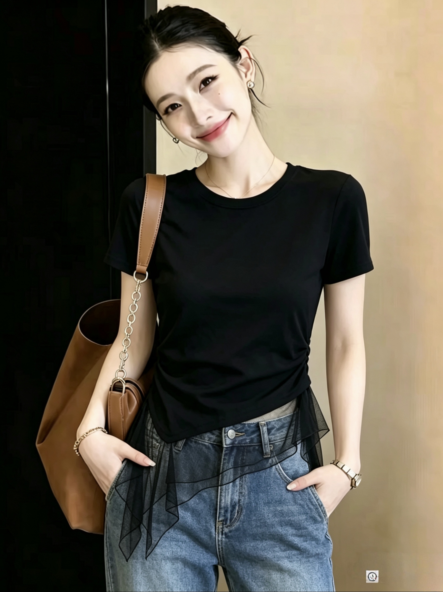 불규칙 실 인터넷 패치워크 반팔 티셔츠 2026 여름 빛 럭셔리 슬림해 보이는 라운드 넥 맨위 고급 센스 다용도 작은 셔츠