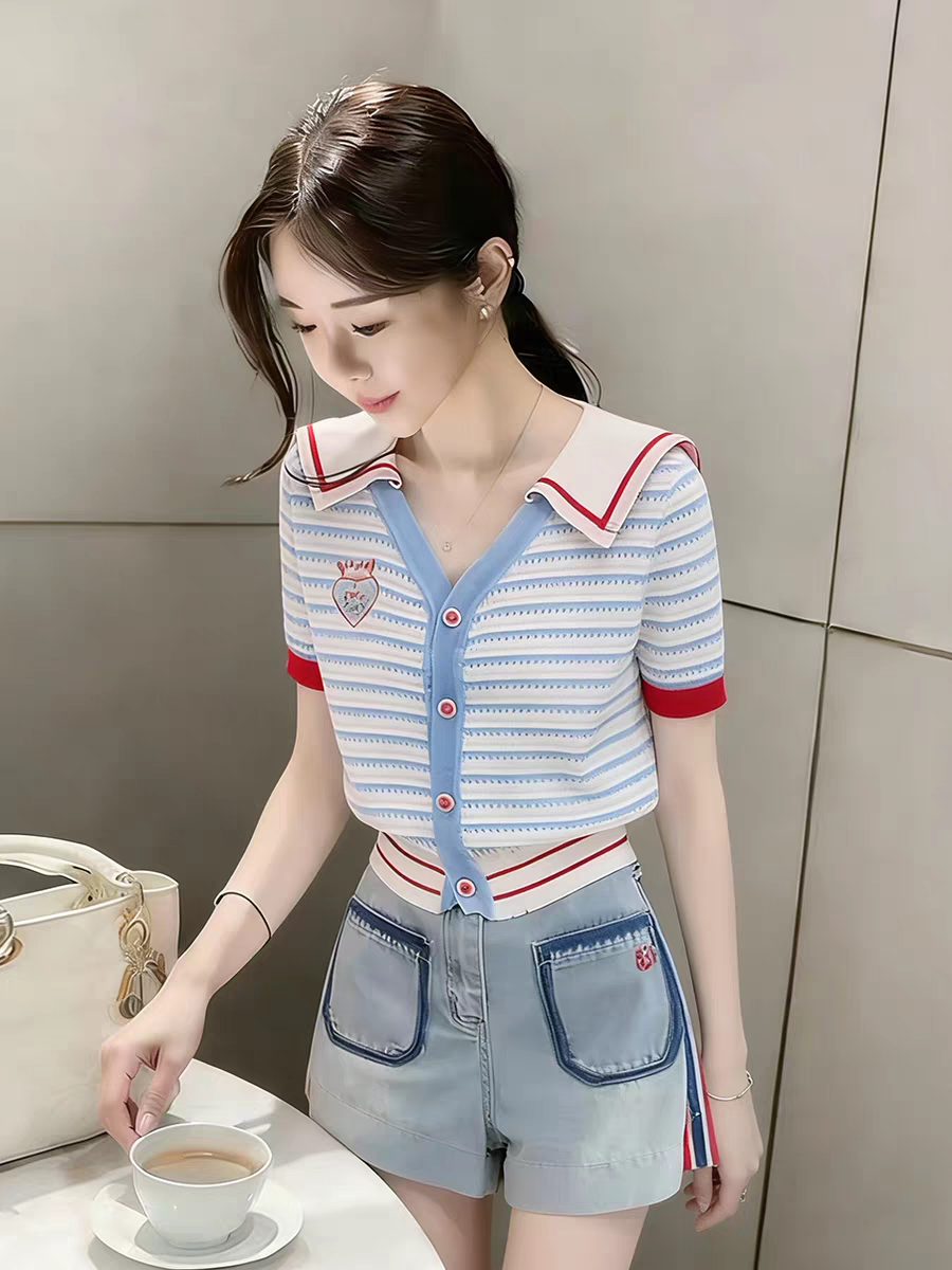 학원 스타일 패치워크 해군 칼라 스트라이프 니트 오픈 가디건 여성 여름 반팔 디자인 센스 작은 키 다용도 슬림해 보이는 맨위