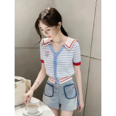 批发学院风拼接海军领<b class='q'>条纹</b>针织<b class='q'>开衫</b>女夏短袖设计感小个子百搭显瘦上衣