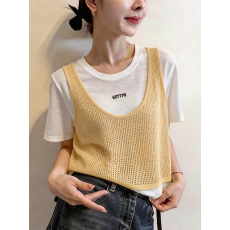 批发夏季薄款假两件<b class='q'>女</b>士超好看短袖t恤<b class='q'>女</b>2026新款针织冰丝短款上衣