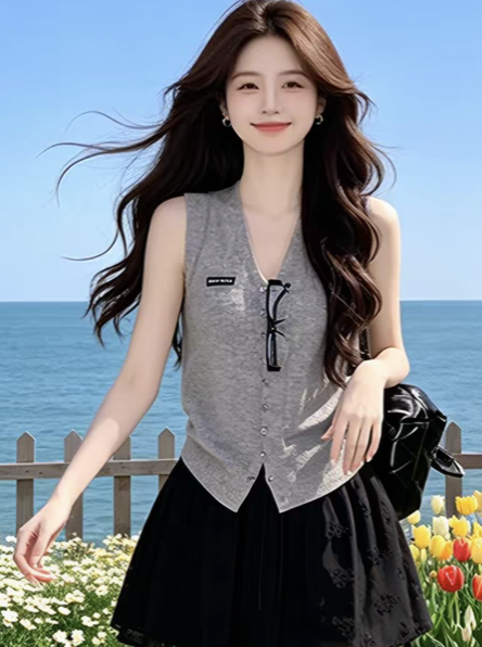 회색 구덩이 기사 V넥 니트 조끼 여성 여름 외부 가져 가라. 오픈 가디건 2026 년 새로운 한 부서 슬림해 보이는 민소매 맨위