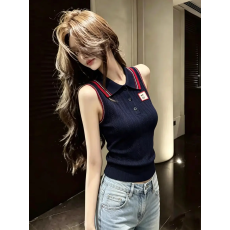 批发Der mond 纯欲风镂空麻花Polo领针织背心女夏季<b class='q'>白色</b>修身无袖上衣