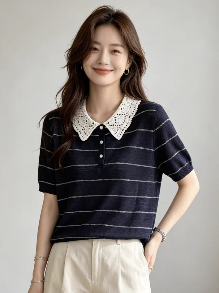 작은 대중 패치워크 레이스 폴로 칼라 핀 스트라이프 얼음 실크 니트 반팔 둘 색상 Chic 부드러운 출퇴근 POLO 셔츠 여성
