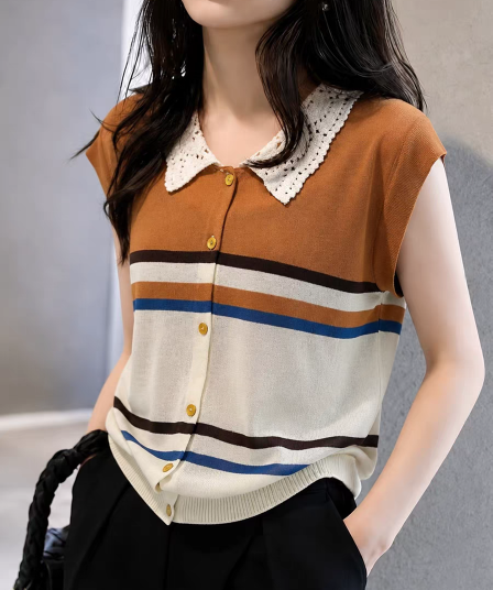 배색 스트라이프 폴로 칼라 홀로우 아웃 패션 니트 스웨터 2026 여름 우아함 품격 얼음 실크 다용도 편안함 작은 셔츠 여성