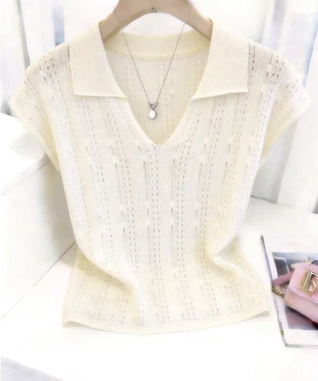 유럽 상품 화이트 얼음 실크 홀로우 아웃 니트 티셔츠 여성 여름 새로운 미니멀리즘 바람 패션 POLO 칼라 반팔 맨위