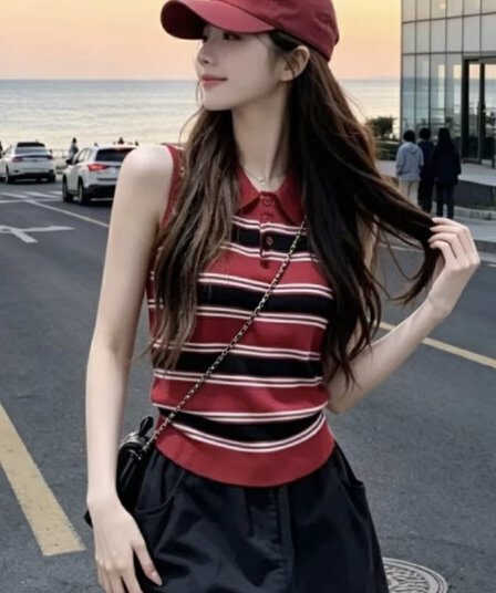 POLO 칼라 스트라이프 배색 민소매 니트 조끼 여성 여름 새로운 한 부서 핫걸 몸매 가꾸기 슬림해 보이는 다용도 맨위