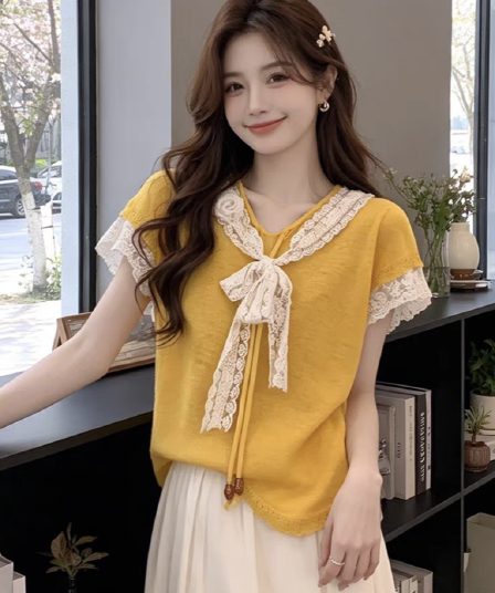 여름 한 부서 부드러운 달콤한 스타일 품격 패치워크 레이스 V넥 나비 매듭 반팔 루즈핏 슬림해 보이는 다용도 맨위