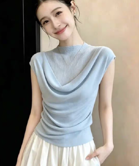 여름 얇은 스타일 파란색 마이크로 ~을 통해 반하이넥 니트 작은 날다 소매 티셔츠 슈퍼 잘 생긴 페이크 레이어드 스택 착용 부드러운 맨위