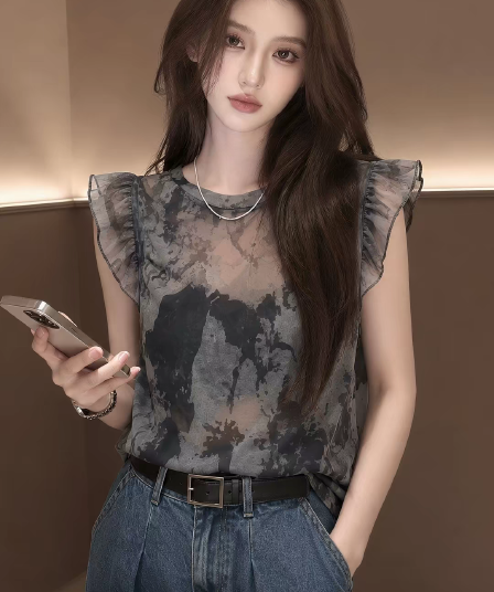 고급 센스 얇고 가벼운 수묵화 프린트 Feifei 소매 티셔츠 2026 여름 우아함 연령 감소 다용도 라운드 넥 슬림해 보이는 맨위