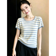 批发微胖mm穿搭新款<b class='q'>时尚</b>洋气圆领百搭短袖条纹夏季针织衫显瘦上衣
