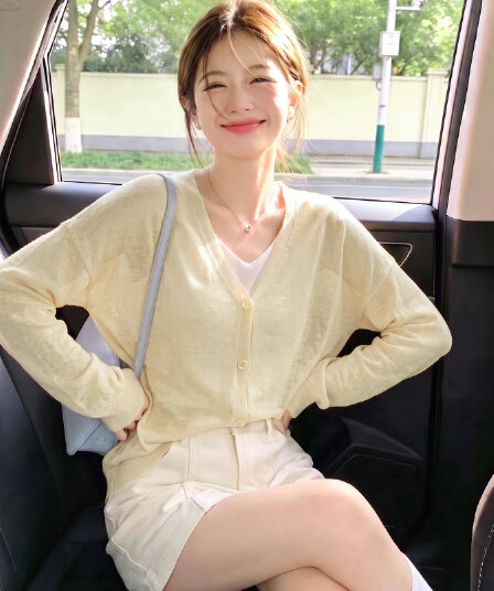 한 부서 부드러운 V넥 얼음 실크 니트 자외선 차단 오픈 가디건 여성 가을 얇은 스타일 외부 가져 가라. 블라우스 Tulle 에어컨 셔츠 숄