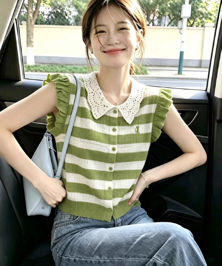 프랑스식 소녀 센스 레이스 칼라 니트 스웨터 프릴 날다 소매 새끼 고양이 자수 몸매 가꾸기 슬림해 보이는 통기성 주름 센스 맨위