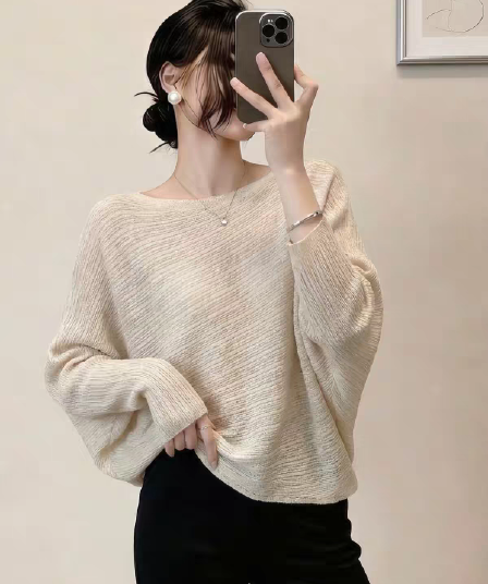 오트밀 색상 오프숄더 긴팔 털 니트 스웨터 여성 봄 가을 유럽 상품 불규칙 디자인 센스 배트윙 소매 인사이드 잡아라. 의류