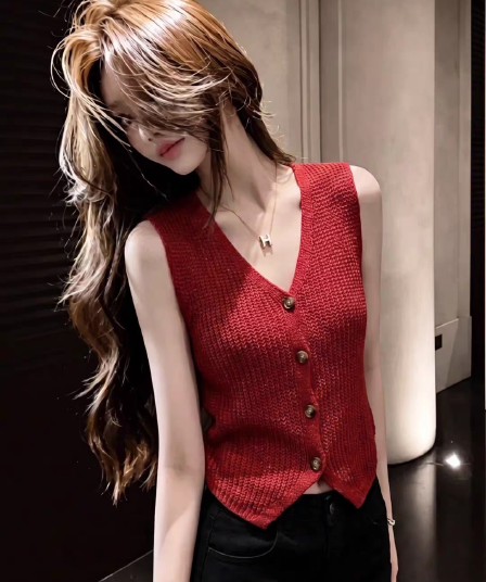 작은 샤넬 스타일 민소매 외출용 빨간색 홀로우 아웃 베스트 티셔츠 조끼 여성 여름 2025 새로운 고유 한 아름다운 작은 맨위