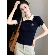 批发韩系学院风撞色翻领针织短袖女夏2026新款独特漂亮薄款<b class='q'>针织衫</b>上衣