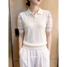 批发2026夏季新款通勤风白色POLO领泡泡袖<b class='q'>针织衫</b>女短袖气质百搭上衣