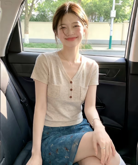 오래된 돈 바람 V넥 반팔 긍정적 인 어깨 티셔츠 여성 여름 빛 사람들 착용 가져 가라. 품격 고급 슬림해 보이는 니트 스웨터 캐주얼 맨위