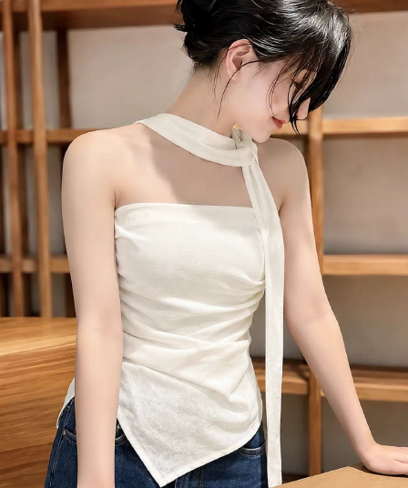 프랑스식 행침 목 리본 튜브탑 조끼 여성 여름 자수 자카드 디자인 센스 몸매 가꾸기 민소매 맨위