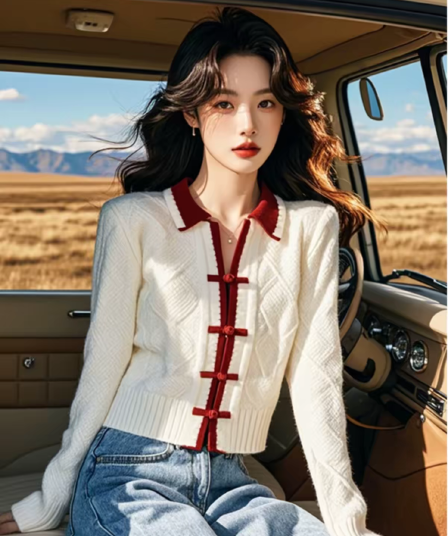 새로운 중식 국풍 패치워크 색상 니트 스웨터 스웨터 여자 2026 새로운 초기 가을 고급 센스 슈퍼 잘 생긴 맨위