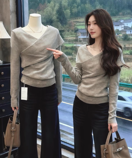 회색 불규칙 십자가 V넥 긴팔 니트 스웨터 여성 가을 겨울 인사이드 가져 가라. 스웨터 핫걸 바람 허리 수축 만나는 맨위