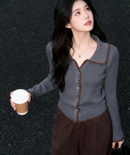 아름다운 한 부서 회색 폴로 칼라 Chic 만나는 니트 오픈 가디건 여성 몸매 가꾸기 디자인 센스 chic 배색 스웨터 맨위
