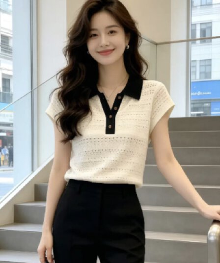 빛 요리 한 바람 배색 폴로 칼라 홀로우 아웃 반팔 니트 스웨터 여성 여름 세련된 착용 가져 가라. 품격 연령 감소 고급 센스 맨위