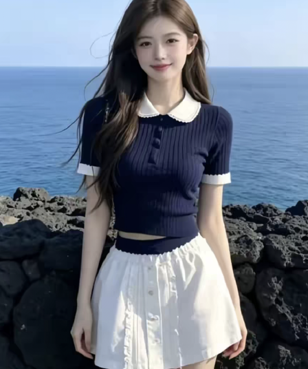 학원 스타일 레이스 베이비 칼라 긍정적 인 어깨 니트 반팔 티셔츠 여성 여름 블루 색상 몸매 가꾸기 작은 맨위