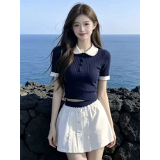 批发学院风花边娃娃领正肩针织短袖t恤女夏季藏蓝色修身小上衣