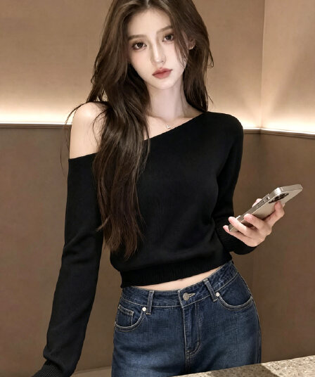 프랑스식 품격 세련된 디자인 센스 2026 가을 새로운 고유 한 자이언트 잘 생긴 검정색 비스듬한 어깨 긴팔 맨위 여성 의류