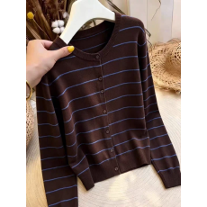 美式复古咖色条纹开衫毛衣外套女早秋穿搭修身巨好看的针织衫上衣
