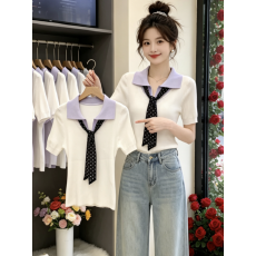 韩版丝巾系带翻领短袖T恤女夏季温柔气质减龄白色针织polo衫上衣