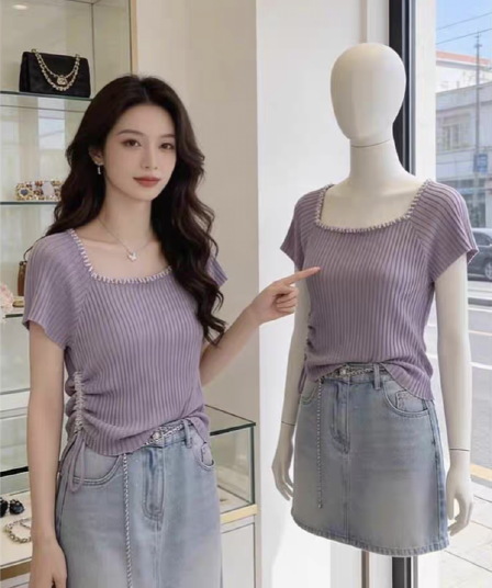보라색 u 칼라 비즈 박기 반팔 니트 티셔츠 여성 여름 새로운 한 부서 디자인 펌프 로프 허리 수축 슬림해 보이는 맨위