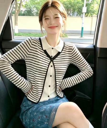 페이크 레이어드 스트라이프 폴로 칼라 니트 오픈 가디건 긴팔 티셔츠 여성 가을 디자인 센스 루즈핏 품격 기본 셔츠 맨위