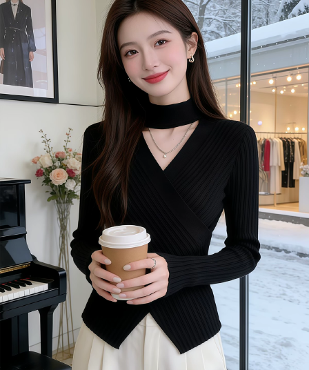 한 부서 V넥 십자가 행침 목 홀로우 아웃 니트 기본 셔츠 2026 봄 새로운 품격 불규칙 인사이드 잡아라. 의류