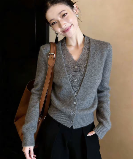 작은 대중 아니요 명중 섹션 품격 회색 레이스 긴팔 니트 스웨터 2026 가을 겨울 새로운 캐주얼 다용도 맨위 여성 의류